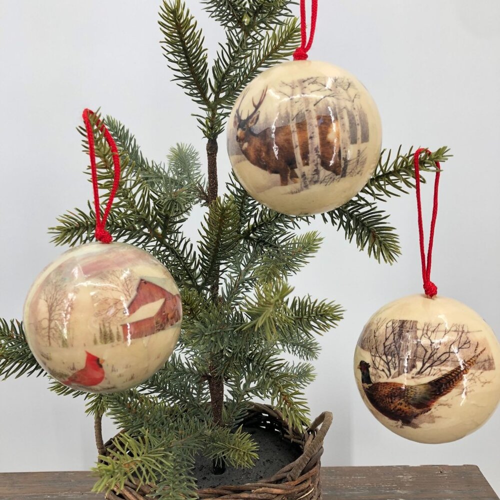 11 Papier Mache Decoupage Christmas Ball Ornaments Deer Cardinal Geese Wildlife